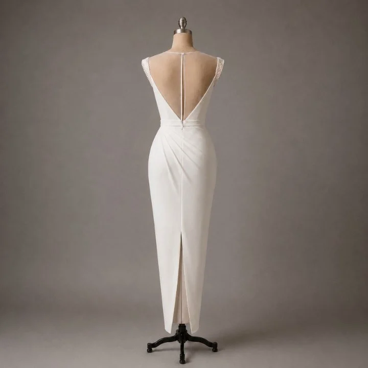 Minimalist bridal gown featuring a low back and sculpted silhouette, designed for brides seeking timeless elegance and effortless sophistication.