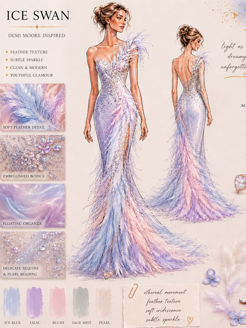 Custom pastel formal gown inspiration board featuring feather texture, sparkle embellishment and modern statement design for formal events