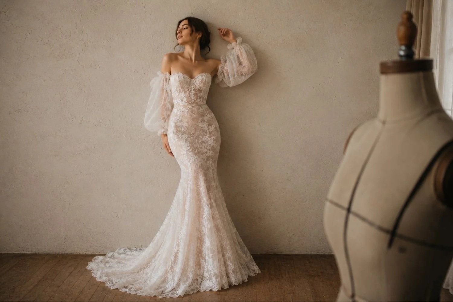 Romantic lace wedding dress custom designed in Mackay and Whitsundays
