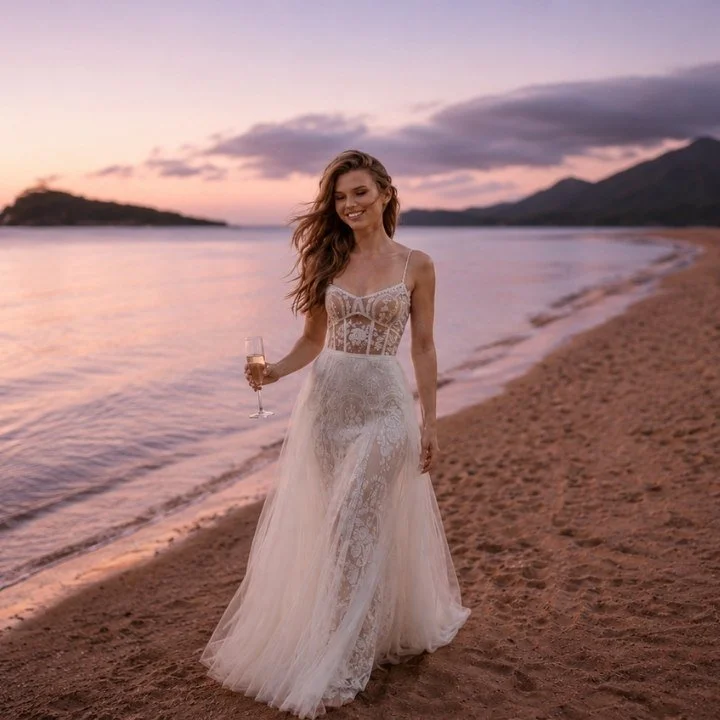 Custom lace wedding dress photographed on a beach at sunset, featuring a detailed lace bodice and soft tulle overlay skirt.