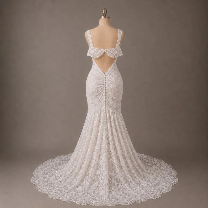 Back view of a lace fit and flare bridal gown featuring an open back and statement train, highlighting intricate lace craftsmanship.