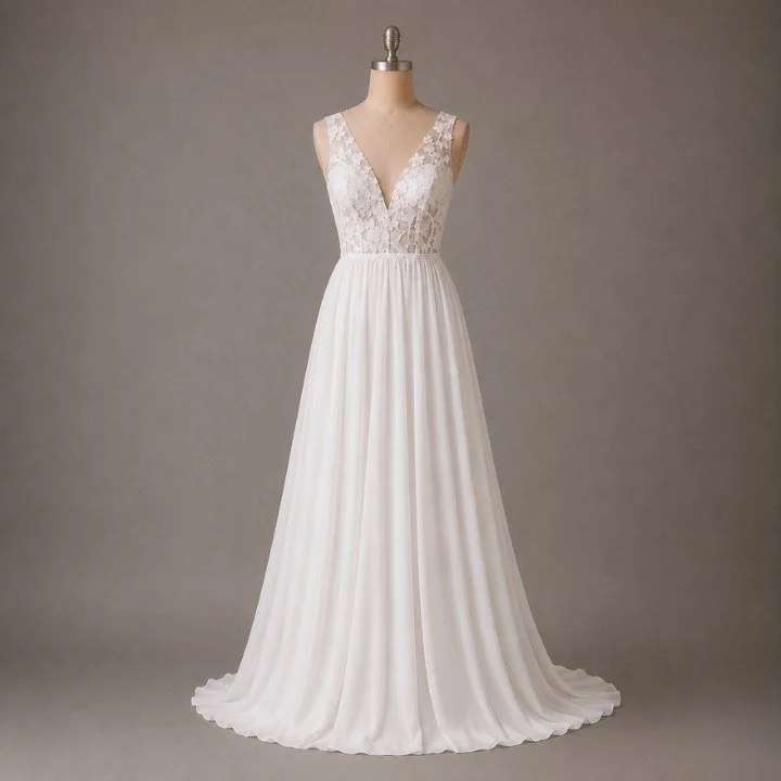 Custom chiffon A-line wedding dress with lace bodice and flowing skirt, combining comfort, movement and timeless bridal style.