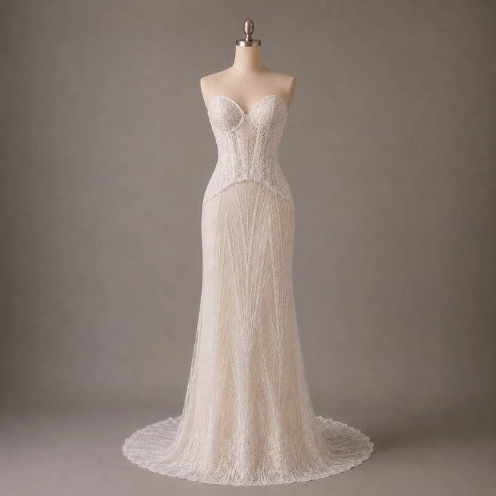 Strapless lace wedding dress with intricate beaded detailing and a modern fitted silhouette, designed for brides who love statement gowns.
