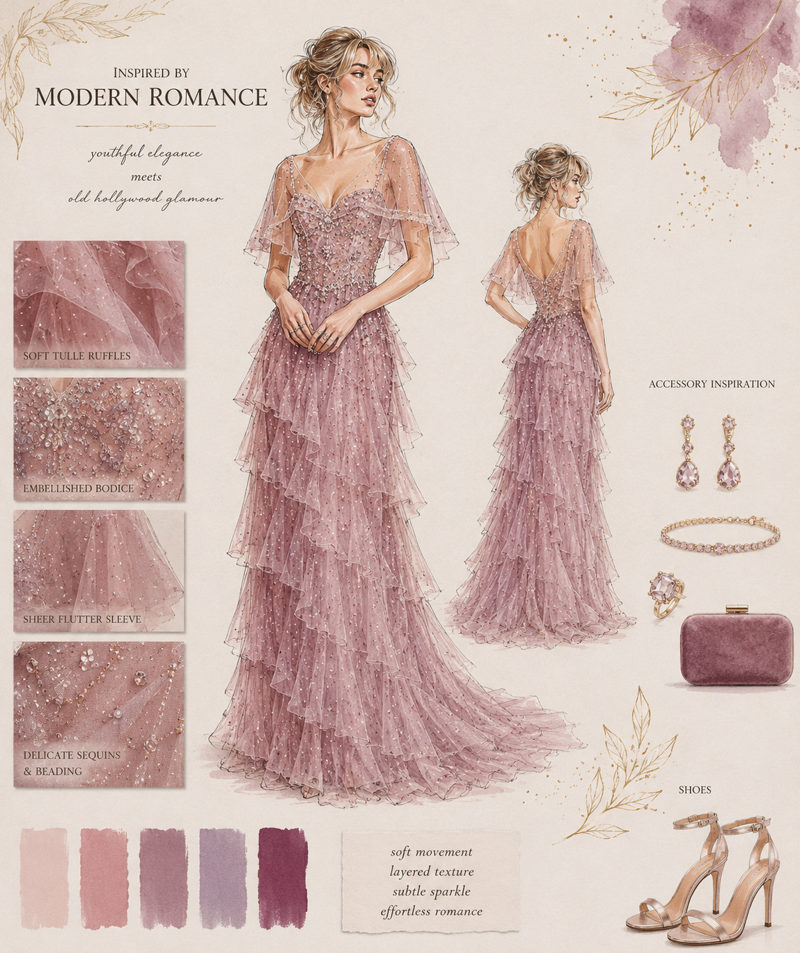 Custom blush pink formal gown inspiration board with layered tulle, sparkle details and romantic styling for Year 12 formal graduates
