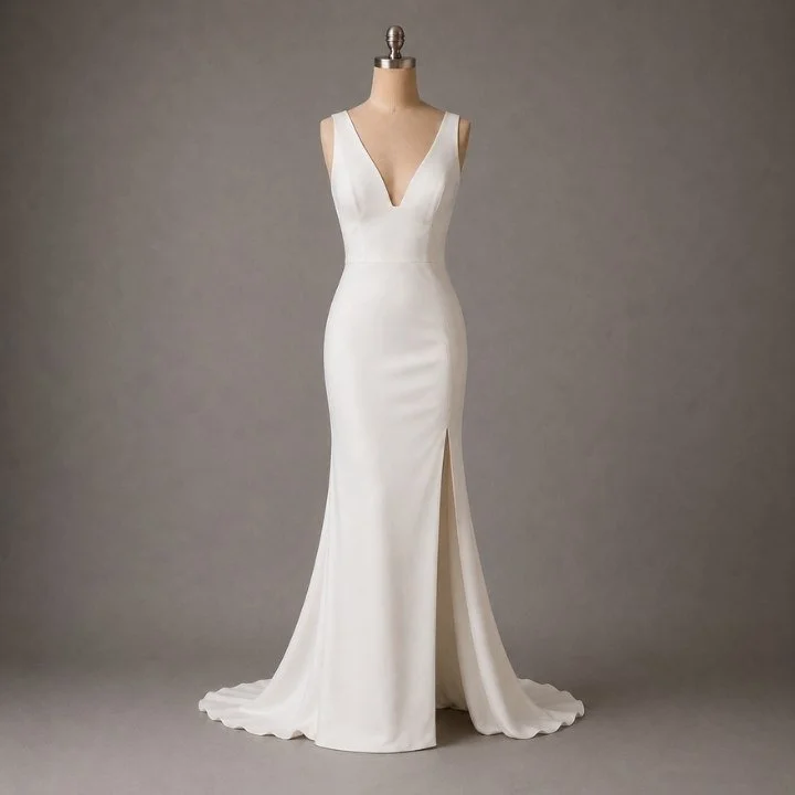 Custom minimalist wedding dress with deep v-neckline, fitted silhouette and elegant leg split, designed for modern brides in Mackay and the Whitsundays.
