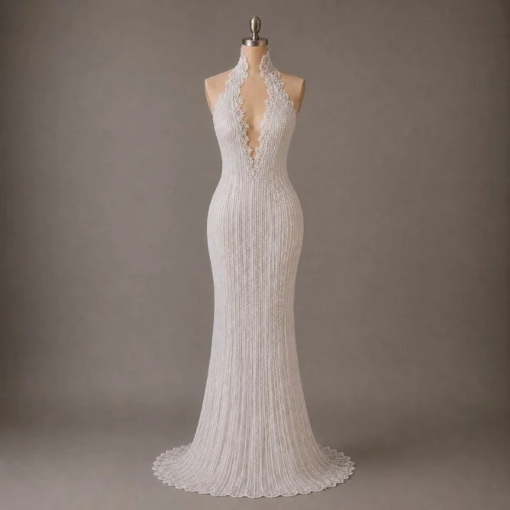 High-neck halter wedding dress with vertical beaded detailing and dramatic silhouette, showcasing contemporary bridal craftsmanship.