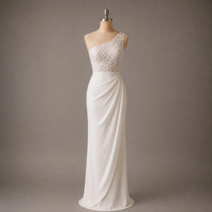 Modern asymmetrical wedding dress with soft draping and contemporary styling, perfect for brides seeking a unique custom gown.