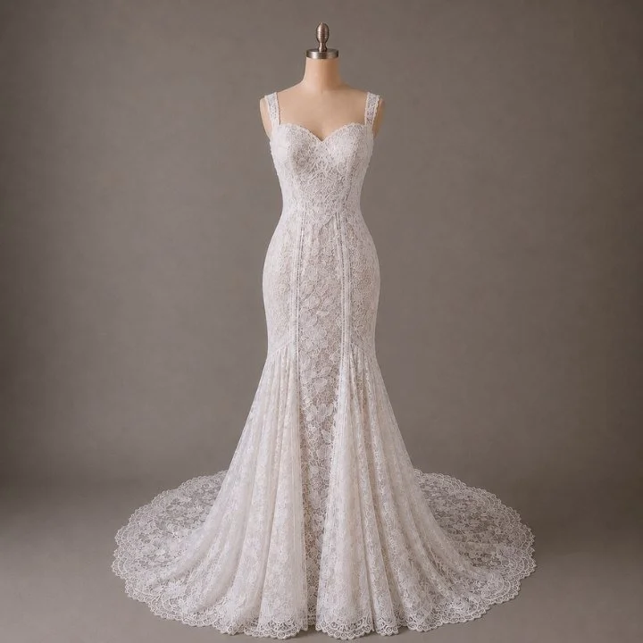 Lace fit and flare wedding dress with structured bodice and dramatic train, designed for brides seeking timeless glamour.
