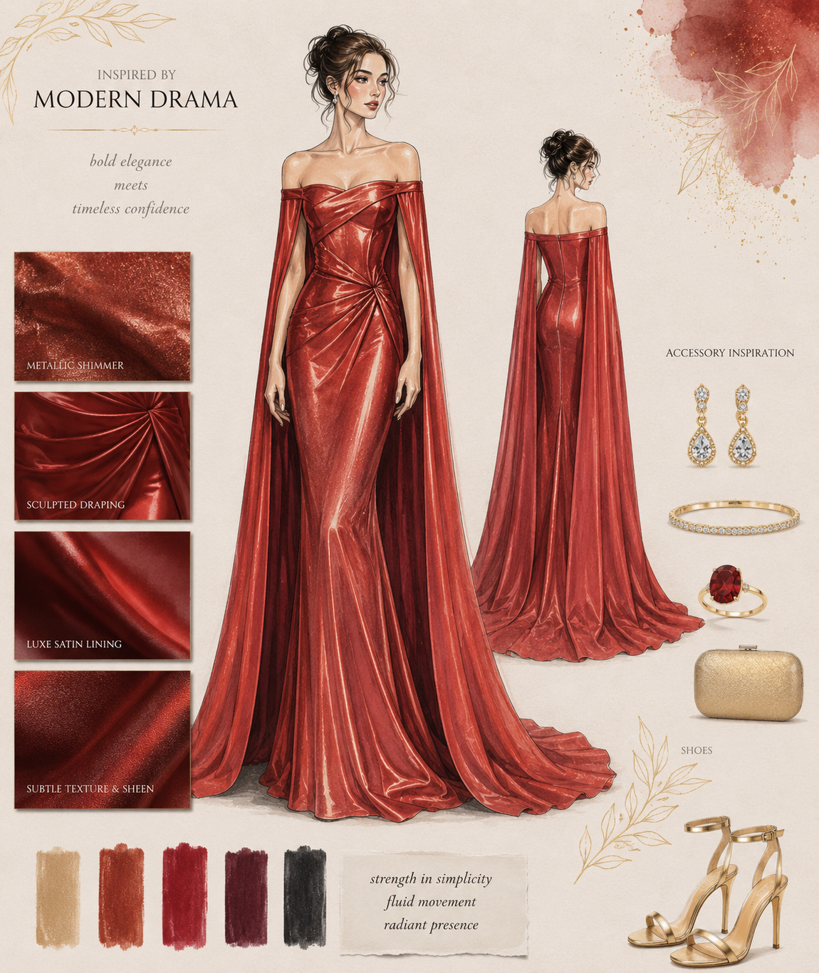 Custom red formal gown inspiration board featuring metallic fabric, draped bodice and cape for Mackay and Whitsunday Graduates