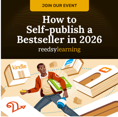 A brown and gold event flyer with a visual of a person looking around at house-shaped books.