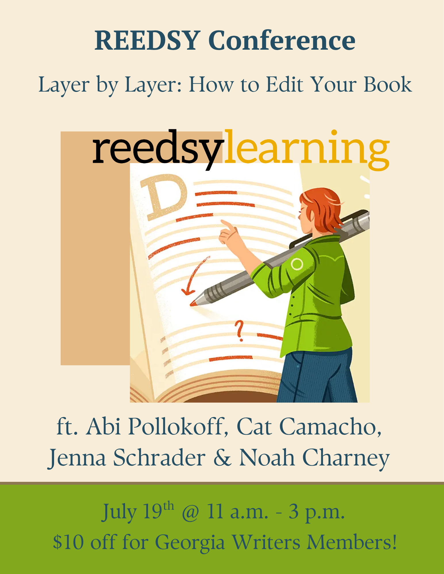 A cream and green event flyer with a visual of a person editing a book with a red pen.