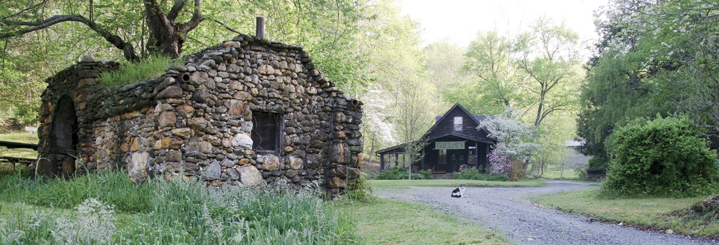 Cobblestone building in the forest.