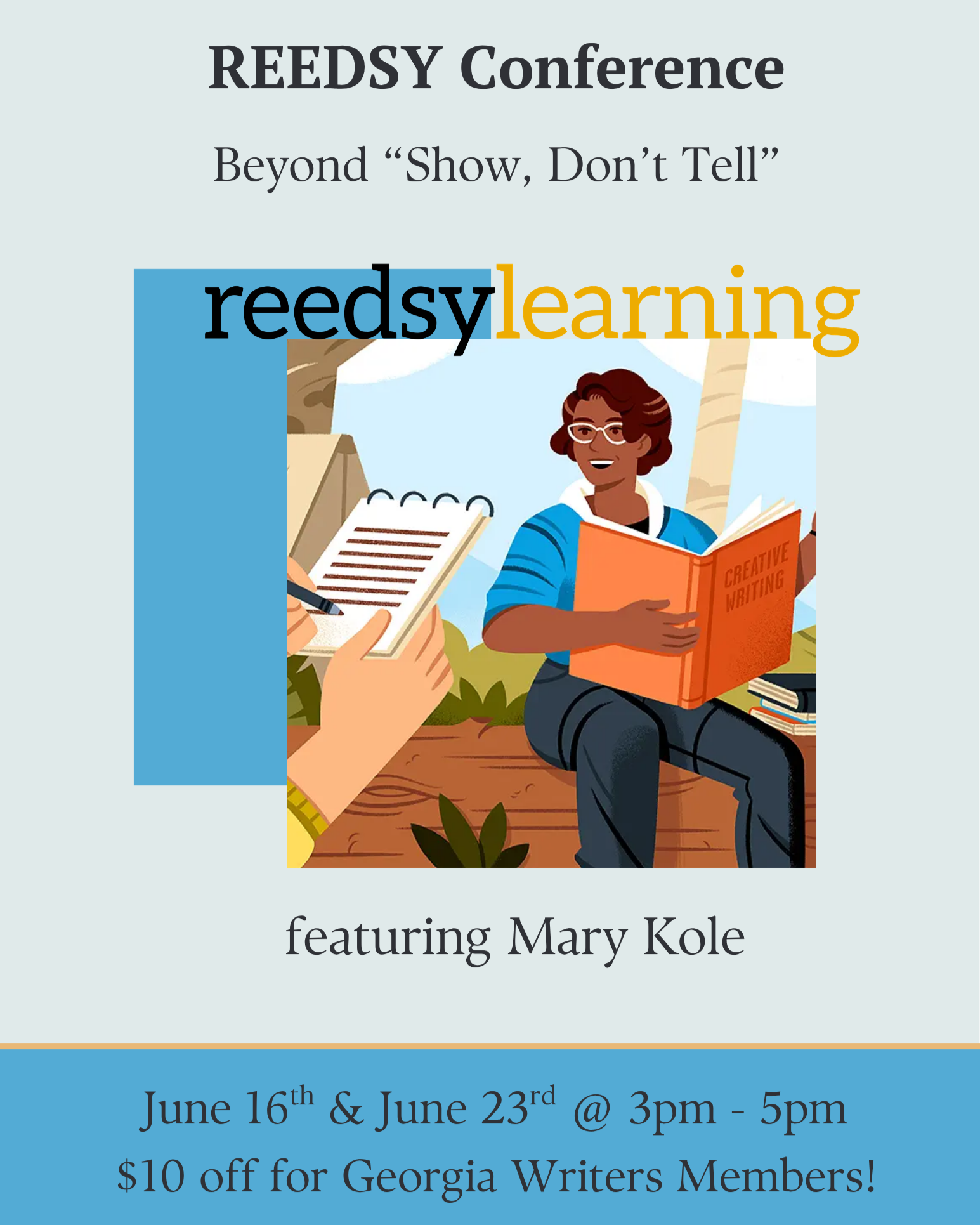 A light blue flyer with a woman holding an orange book in the center.