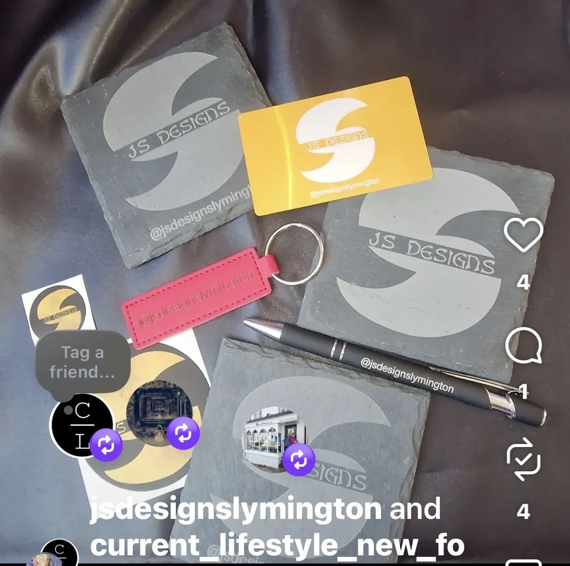Business branding items including stickers, keychain, metal business cards and slate coasters with your logo. Merchandise.