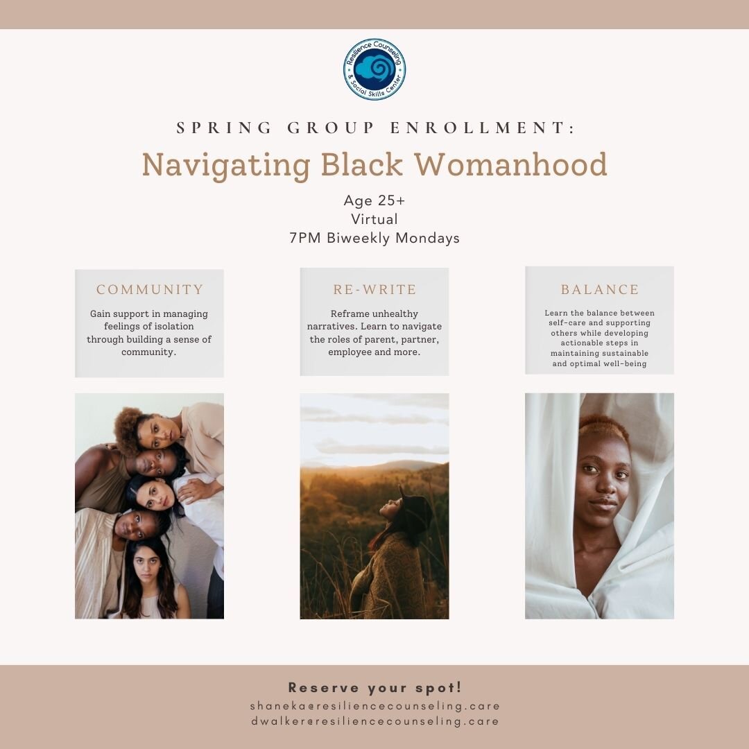 🚨New Group Alert🚨 Navigating Black Womanhood, facilitated by Dionna Walker, MSW, Supervisee In Social Work and Shaneka Owusu, MS, Resident In Counseling. Link in Bio for more information. #mentalhealth #groupcounseling #resilience