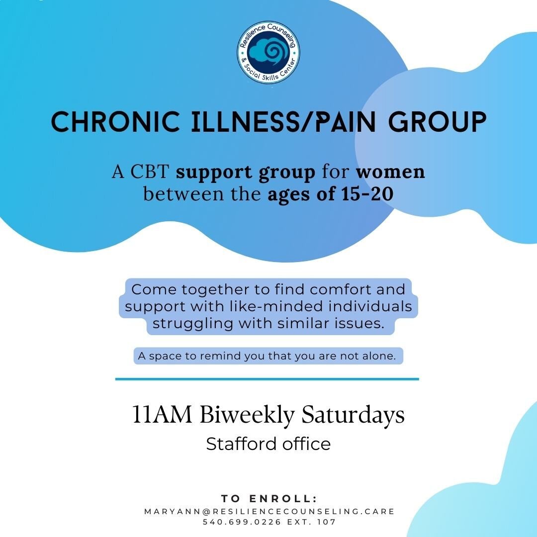 🚨New Group Alert🚨 Now Enrolling for our Chronic Illness/Pain Support Group at our Stafford Office. Facilitated by MaryAnn Byrne, LPC. #counseling #grouptherapy #resilience #staffordva