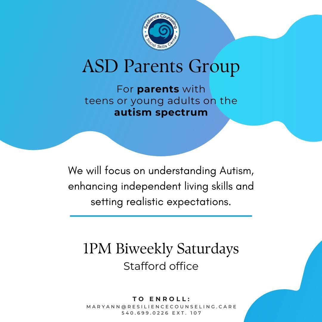 🚨New Group Alert🚨 Now Enrolling for our Support Group for Parents with Teens &amp; Young Adults on the Autism Spectrum. This group meets at our Stafford Office every other Saturday @ 1pm. Facilitated by MaryAnn Byrne, LPC.
#resilience #mentalhealth