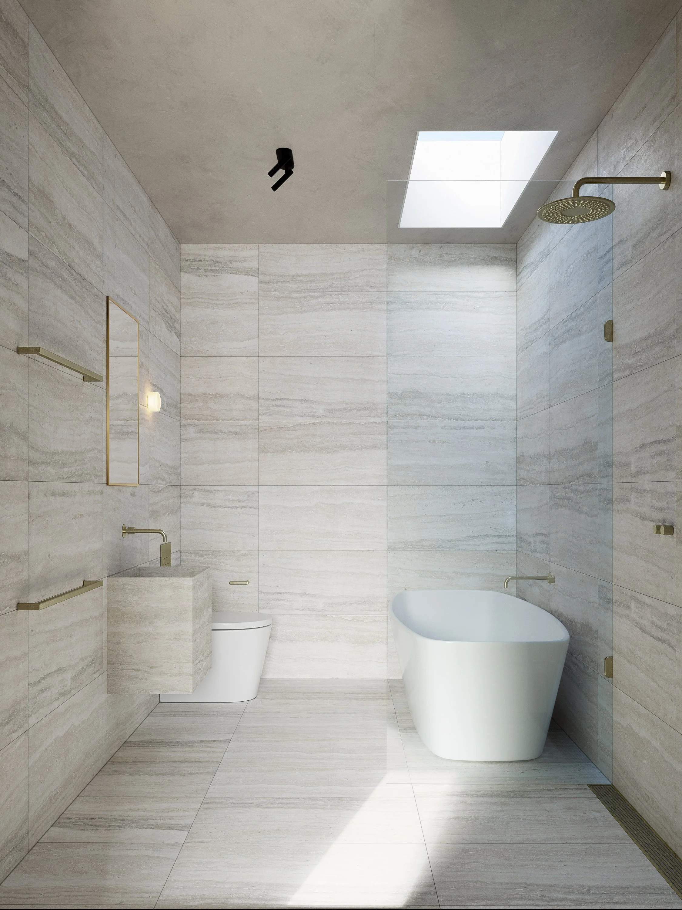 Modern bathroom with beige stone tiles, a freestanding bathtub, a wall-mounted toilet, a walk-in shower with rainfall showerhead, a glass skylight, and minimalistic fixtures.