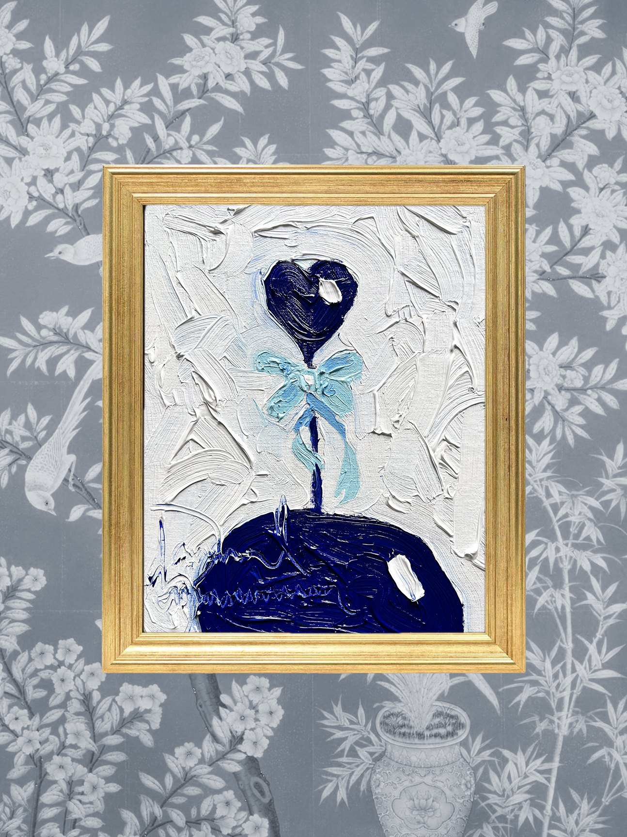 PAINTINGS FOR HIGH END DINING ROOM - SIMILAR TO HUNT SLONEM - BLUE AND WHITE WALLPAPER - BLUE AND WHITE ROOMS