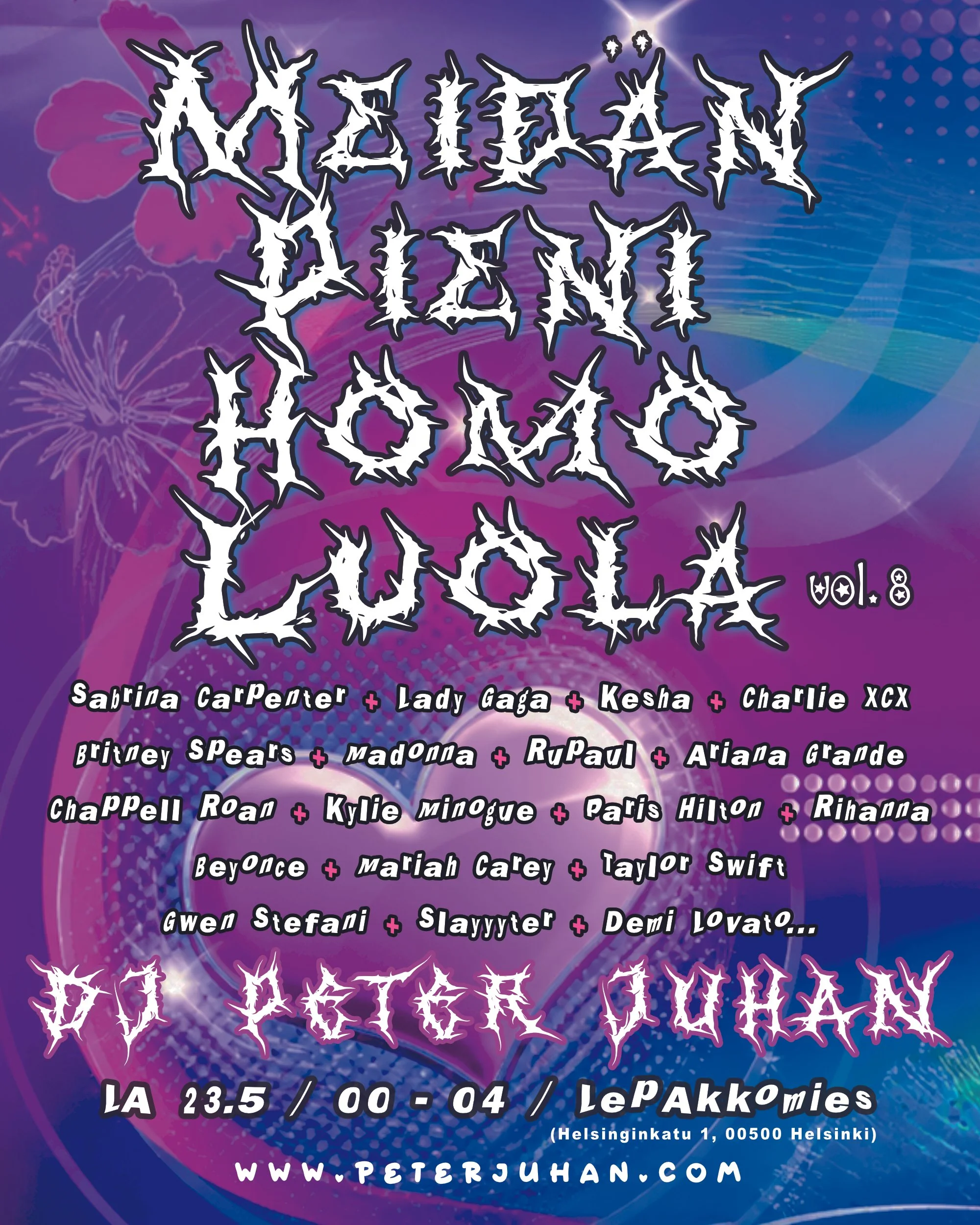 A graphic design featuring a pink skull with a U.S. flag style mohawk, set against a gritty pink glittery background with black diagonal stripes, enclosed in a yellow and black striped border, with the text 'Meidân Pieni Homo Luola' in black on a yellow background at the bottom.