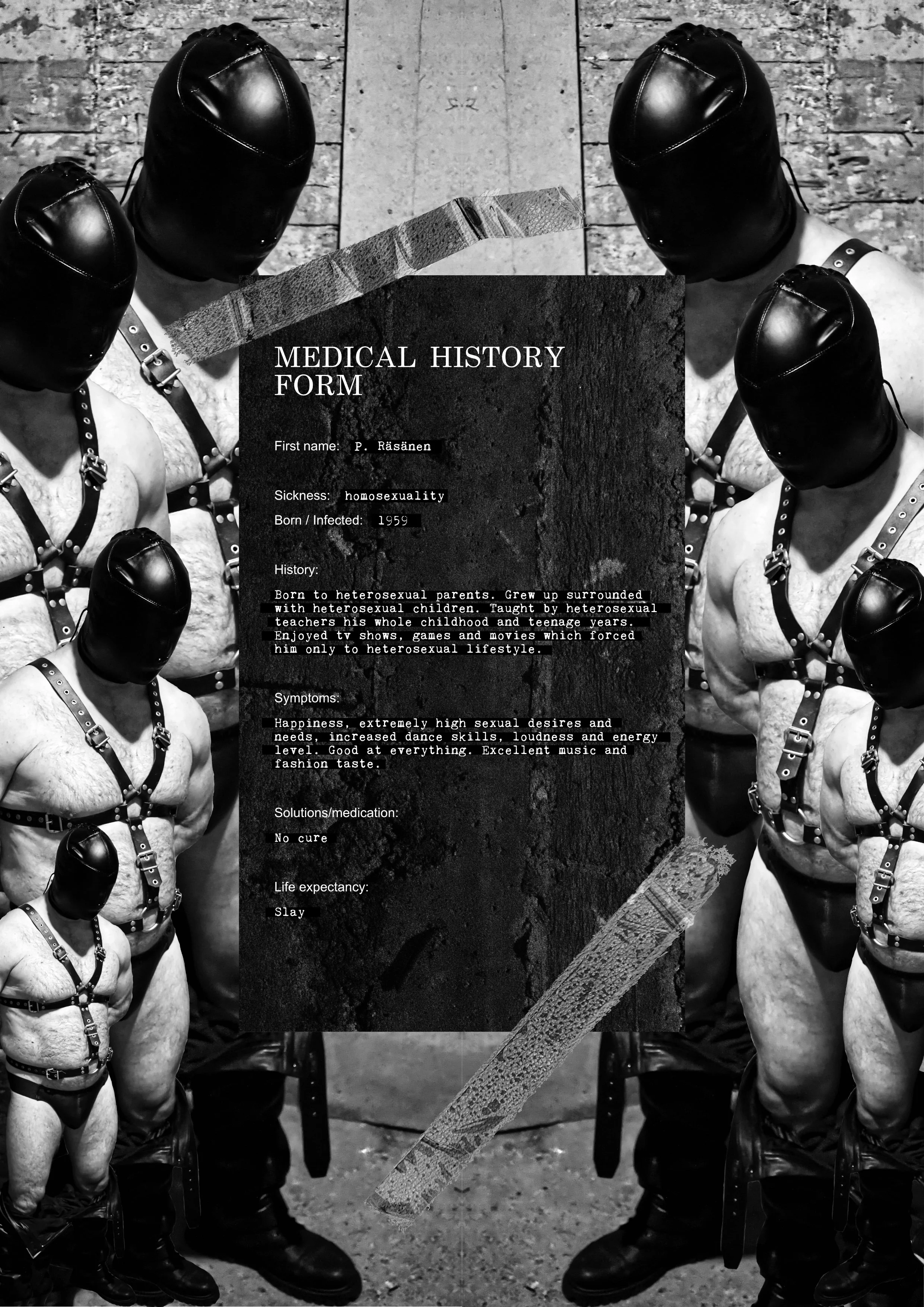 Black and white photo of five muscular men wearing masks and leather harnesses, with a distorted image of a medical history form overlaying the scene.