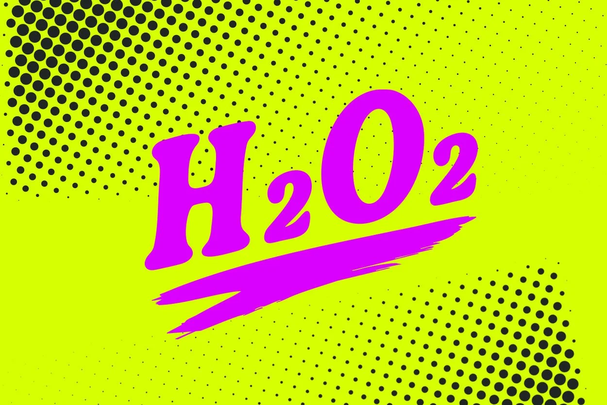 Bright yellow background with black and purple dotted halftone pattern and the chemical formula H2O2 written in large purple letters.