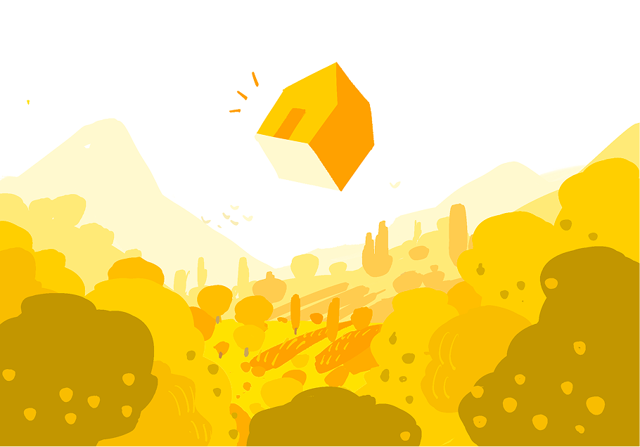 Une scène colorée avec une pierre précieuse flottante dans un paysage abstrait de tons jaunes et orange.