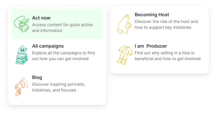 Capture d'écran d'un tableau avec six sections, chacune contenant un titre, une icône et une brève description. Sections : "Act now" avec une icône de main, "All campaigns" avec une pile de livres, "Blog" avec un haut-parleur, "Becoming Host" avec une bouteille, et "I am Producer" avec une bouteille de boisson.