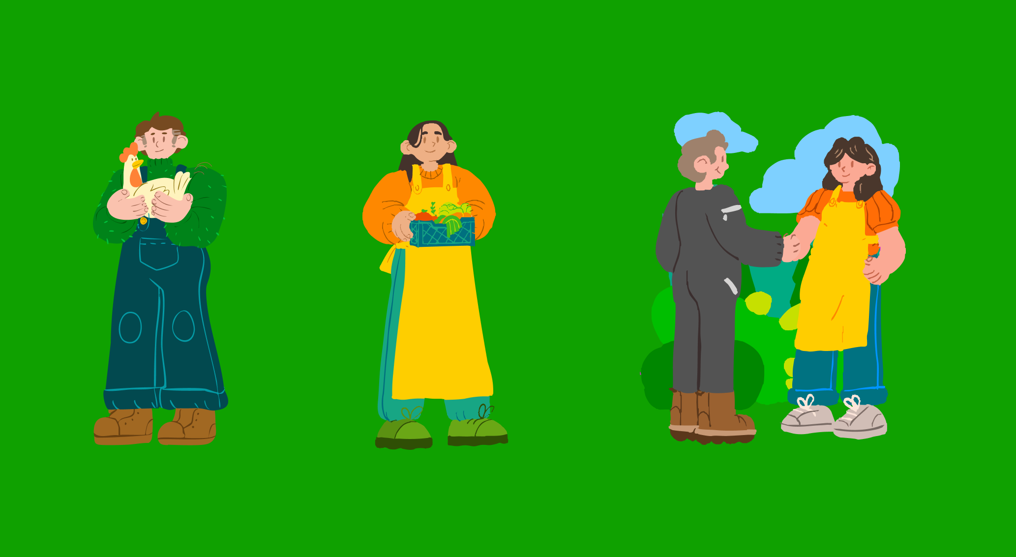 Trois illustrations de personnes, la première d'une personne tenant un poulet en peluche, la deuxième d'une personne avec un panier de légumes, et la troisième de deux personnes se saluant et se tenant la main, avec un arrière-plan vert