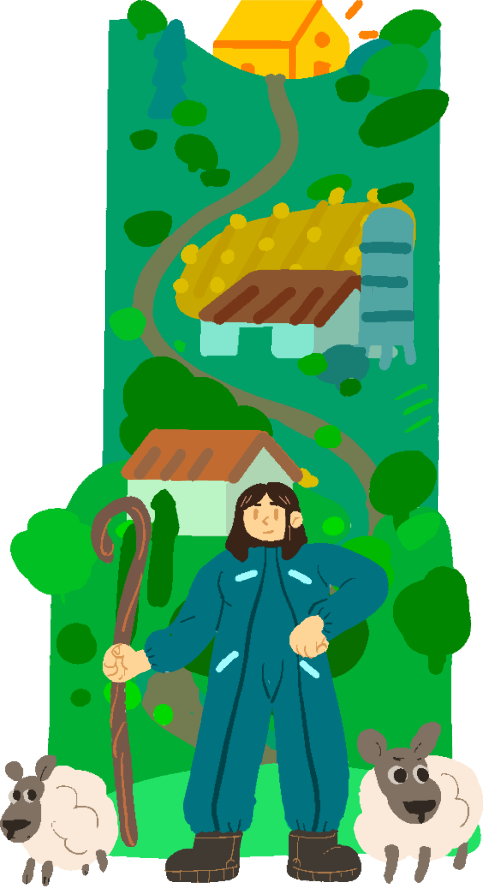 Une bergerie avec des moutons, une femme berger avec un bâton, un téléphone, un téléphone, des champs agricoles, une maison en bois, une église ou un bâtiment, et une rivière ou un ruisseau, dans un paysage rural