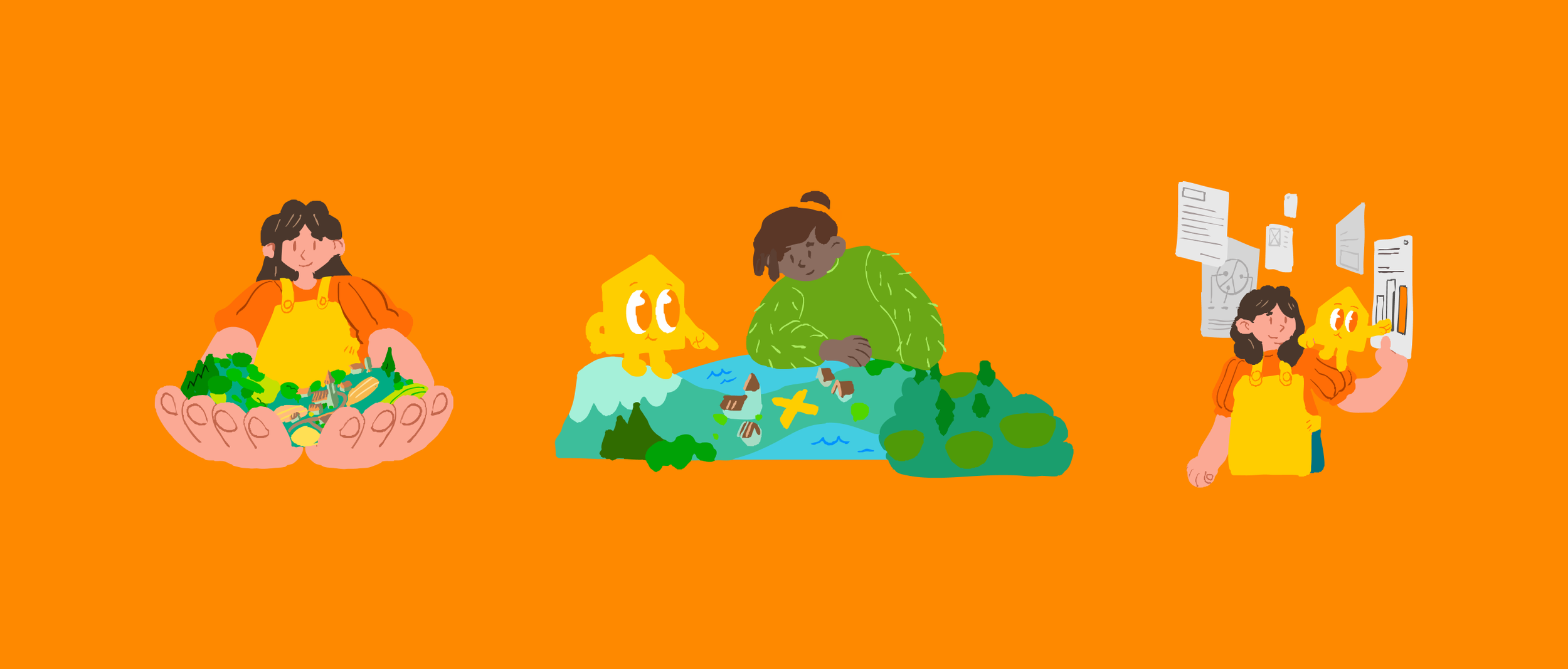 Illustration de trois personnes impliquées dans la gestion des ressources naturelles, avec une femme tenant un panier de légumes, une autre observant une carte géographique, et la troisième manipulant des documents ou des tableaux d'information, tout contre un fond orange.