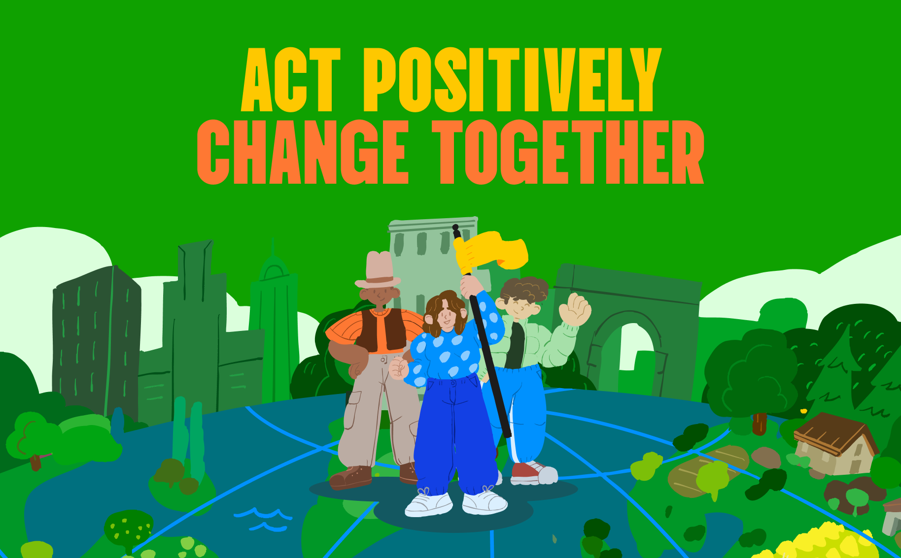 Trois personnes debout sur une carte du monde dessinée. Un homme avec un chapeau, une femme avec des cheveux bouclés et un homme avec des cheveux frisés, tous les trois montrent un message de changement positif. En arrière-plan, des bâtiments de ville et une arche, avec un ciel vert.