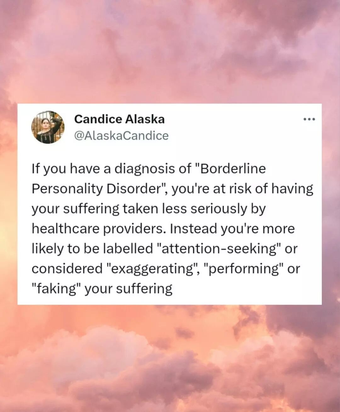 CWs d&euro;ath, SH, medical neglect and trauma. 

The vast majority of the literature on caring for people diagnosed with BPD is not written by the people who actually bear the diagnosis and continues to promote really harmful, moralising and individ