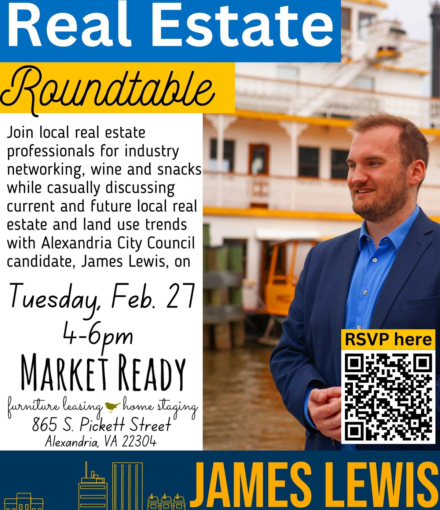 REALTORS Save the Date &ndash; TUESDAY, FEBRUARY 27th
Market Ready Staging Solutions is pleased to host a REAL ESTATE ROUNDTABLE with Alexandria City Council Candidate, James Lewis.

Since our move 2 years ago to our expanded, beautiful 20,000 sq. ft