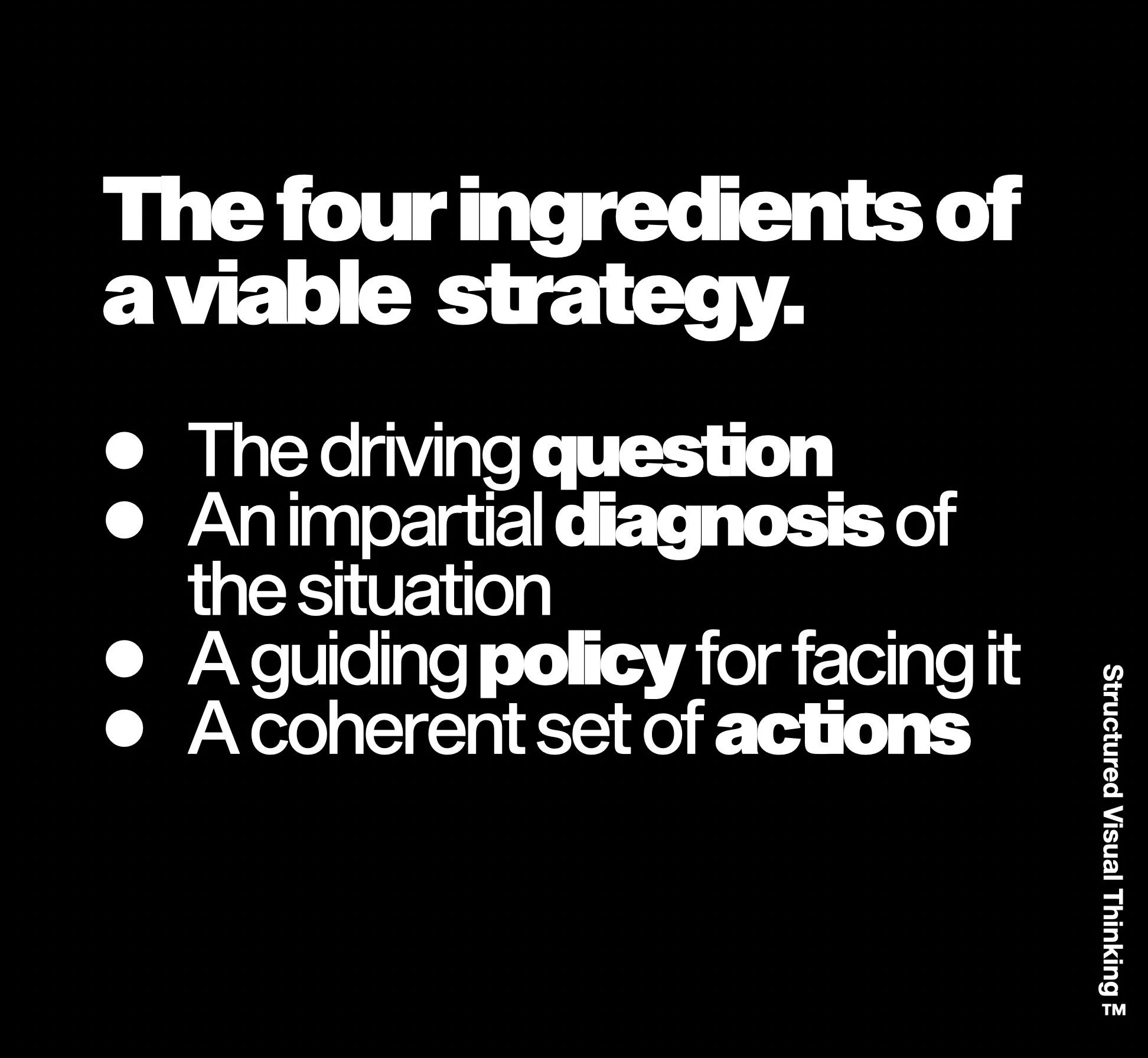 A black background with bold white text that reads: "The four ingredients of a viable strategy." The text is large and prominent, with a smaller caption on the side that says: "In theory," and the rest of the image continues.