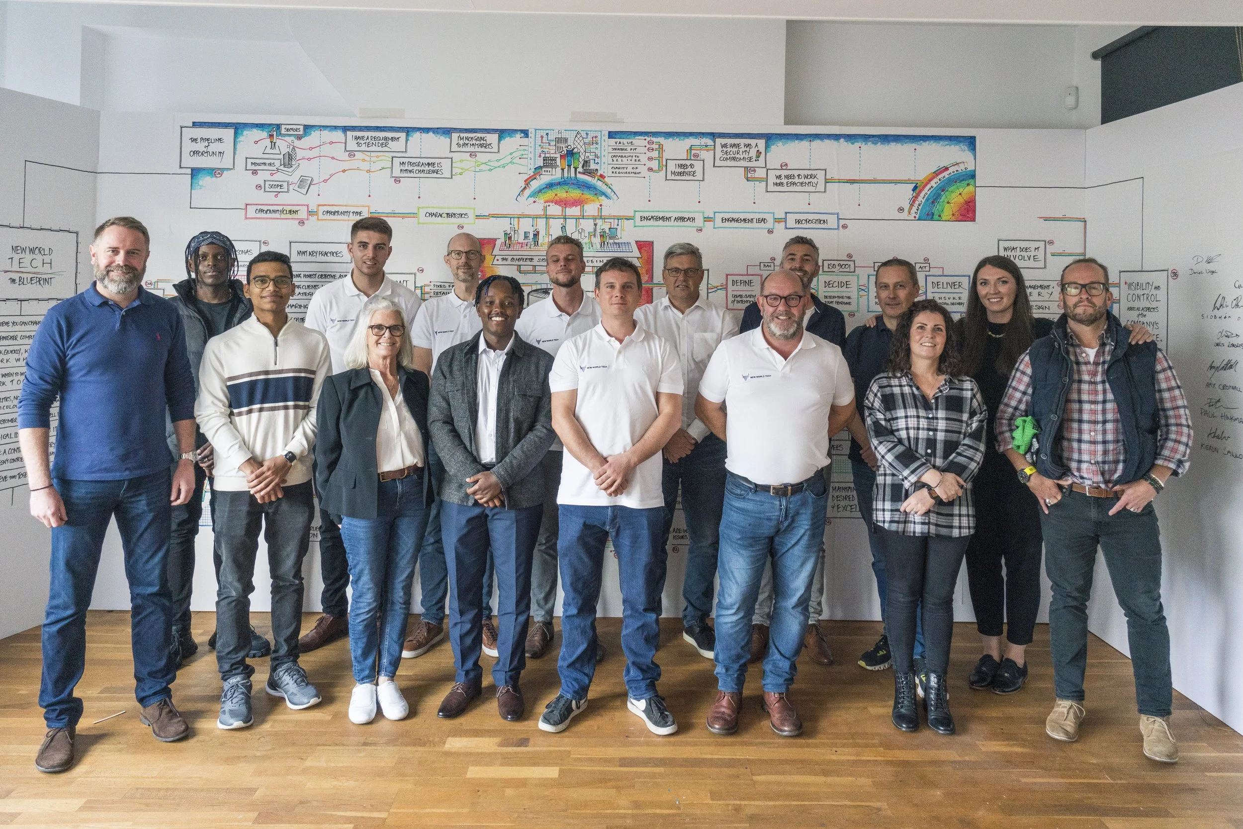 A diverse group of fifteen people standing in front of a large whiteboard with colorful charts and diagrams, smiling at a group photo in a bright room.