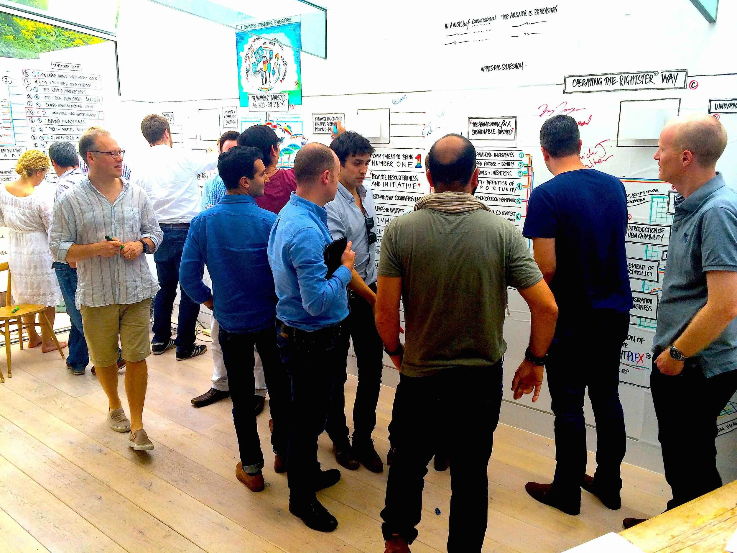 A group of people gathered in front of whiteboards filled with diagrams and handwritten notes, possibly during a brainstorming or workshop session.