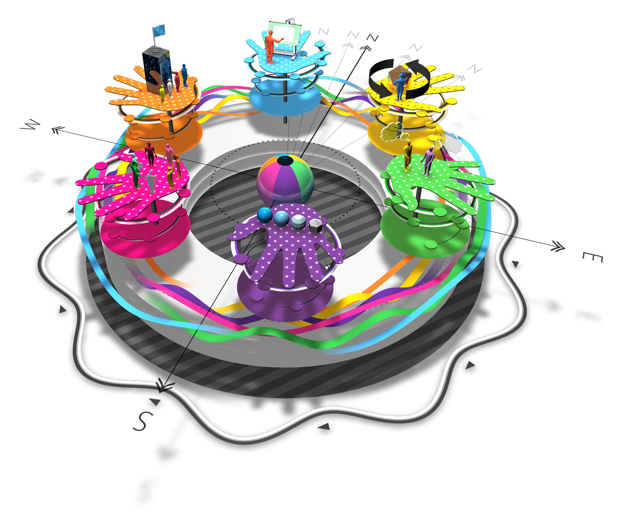 Colorful digital illustration of interconnected platforms with people working and collaborating, representing teamwork and innovation.