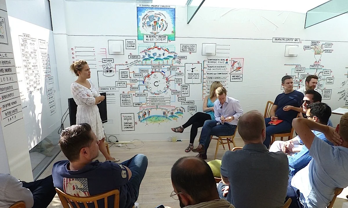 A woman presents in a room with attendees seated around her, facing a whiteboard covered with diagrams and notes on sustainability and eco-systems. The attendees are listening and taking notes.