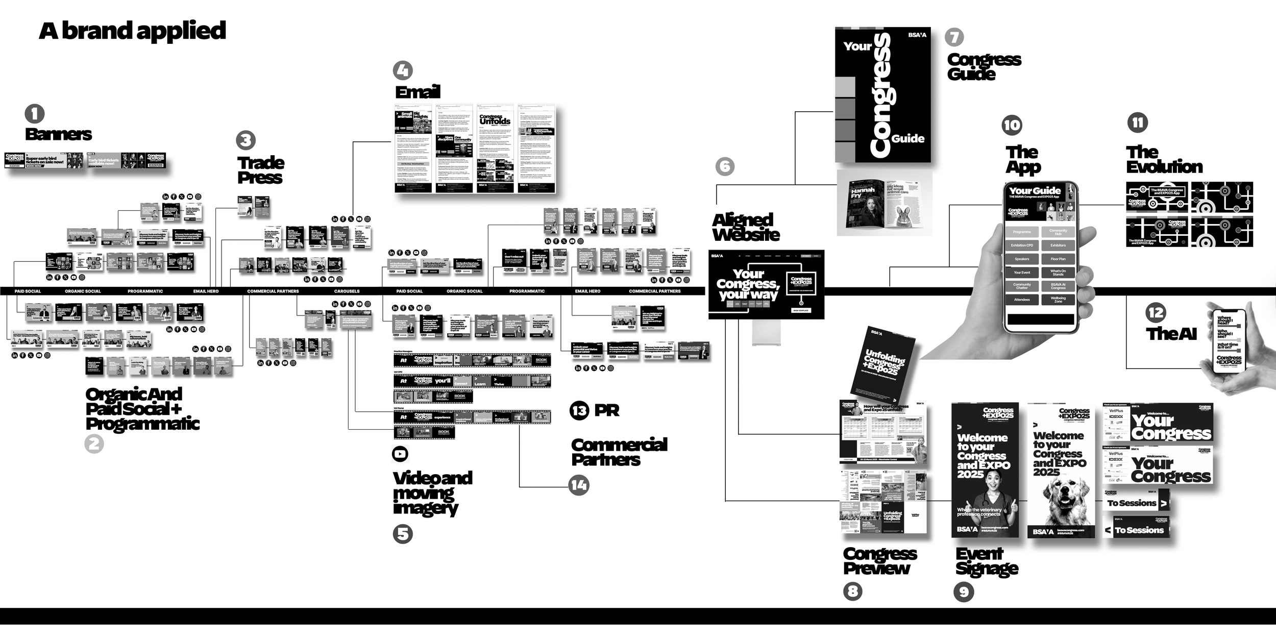 A detailed infographic of a branding and marketing strategy for a congress, including sections for banners, trade press, email, website, social media, PR, video, and event signage, with images of guides, mobile app interfaces, and promotional posters