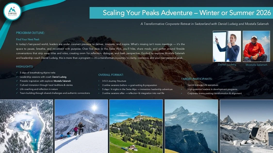 Find Your Next Peak | Switzerland 2026 🇨🇭
In today’s fast-paced world, leaders are under constant pressure to deliver, innovate, and inspire.
What’s missing isn’t more meetings, it’s the space to pause, breathe, and reconnec