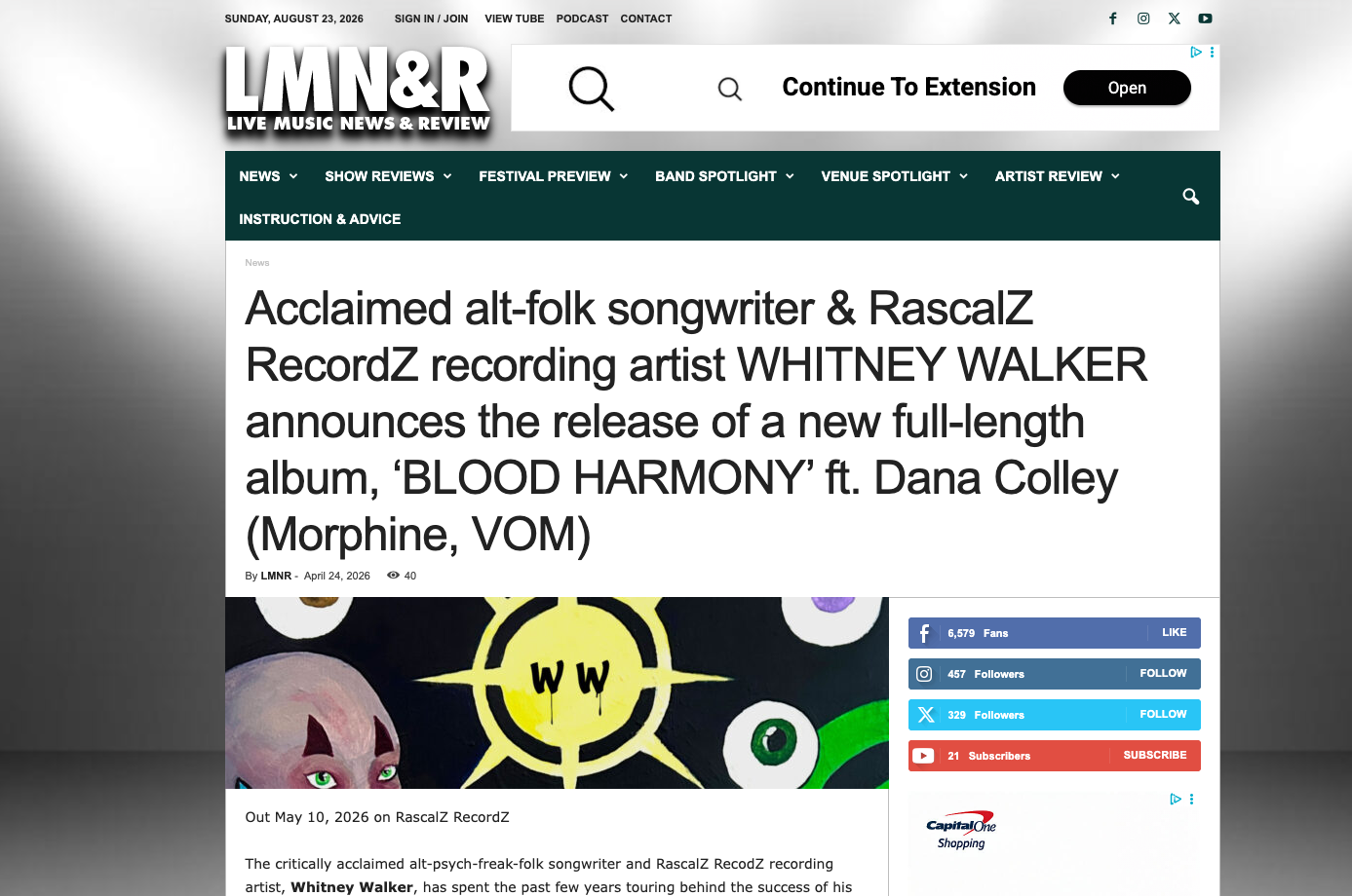 Acclaimed alt-folk songwriter &amp; RascalZ RecordZ recording artist LMN&amp;R: WHITNEY WALKER announces the release of a new full-length album, ‘BLOOD HARMONY’ ft. Dana Colley (Morphine, VOM)