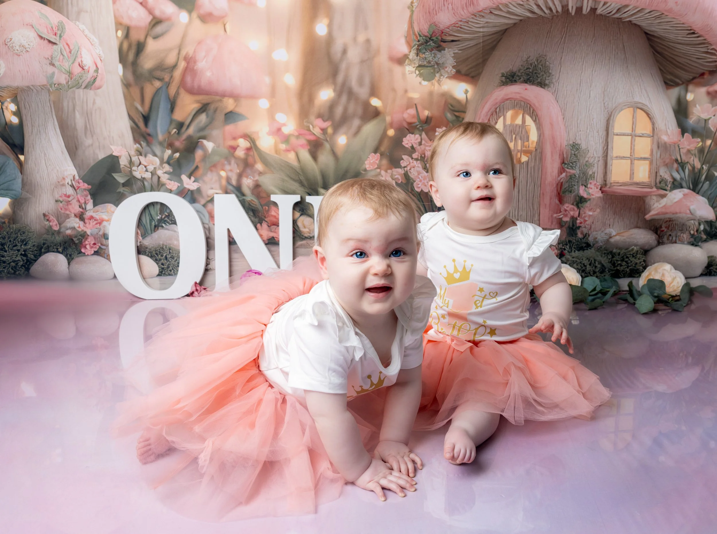 twins at their first birthday cake smash