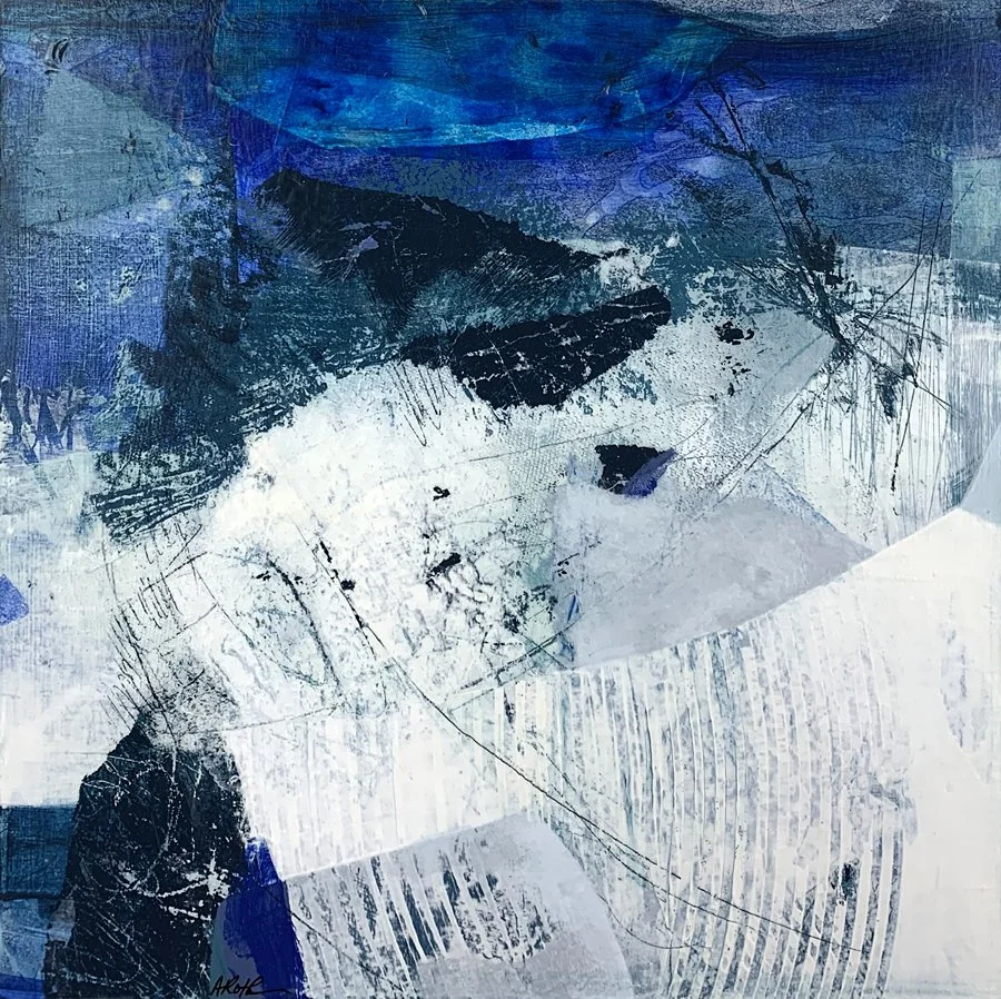A small blue, white and grey wintery abstract painting by Ann Roth.