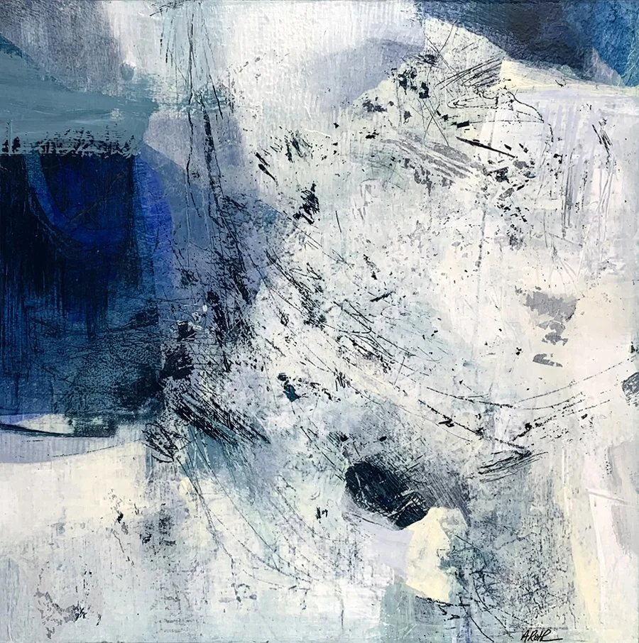 A small white, blue and grey abstract painting by Ann Roth.