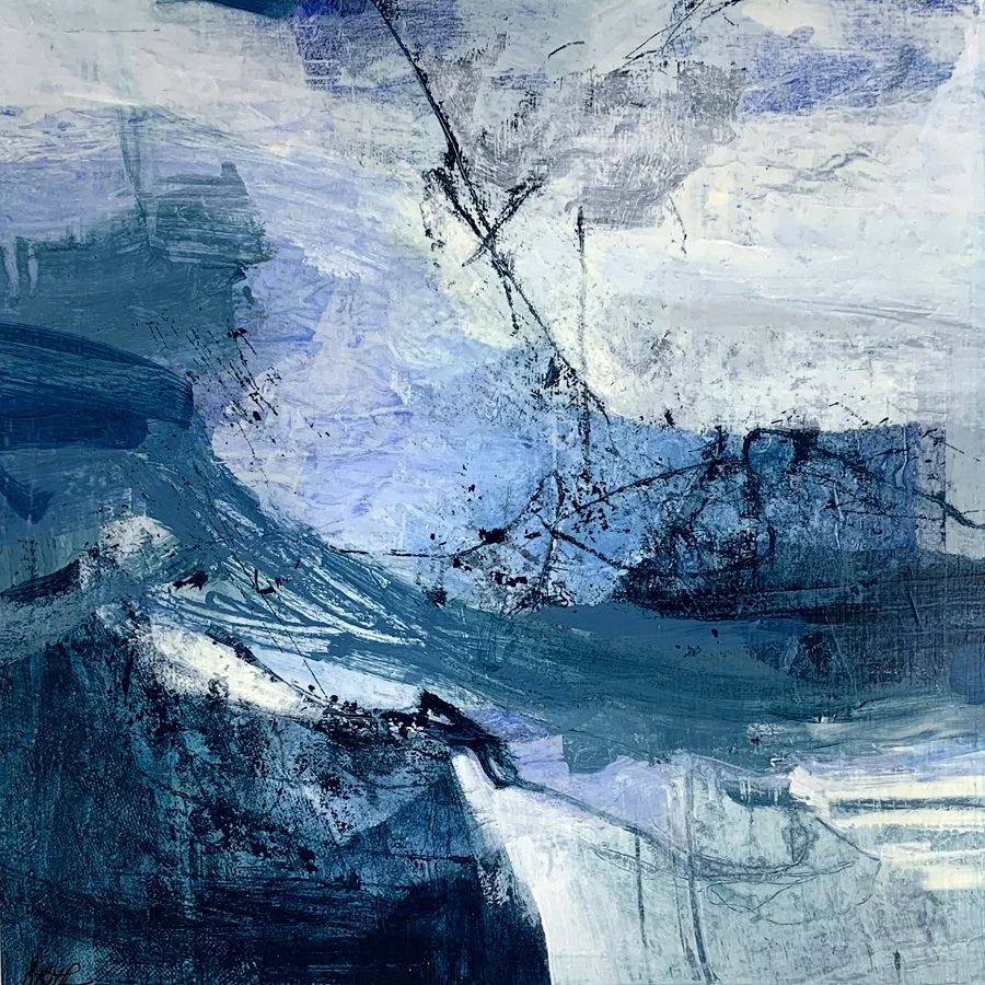 An abstract painting in shades of blue with white by Ann Roth.