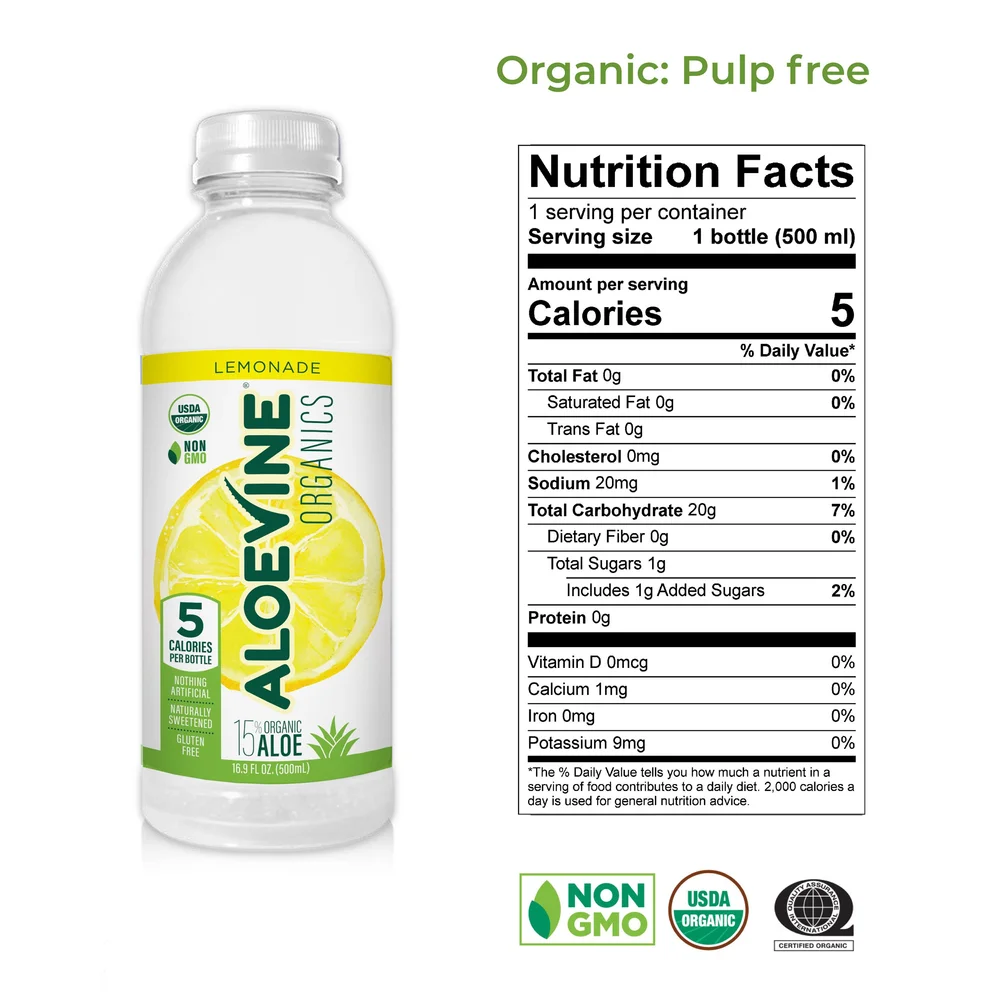 Low Sugar, Low Calorie No-Pulp Organic Aloe Drink - Aloevine Organics -  Aloe + Lemon Juice!  Aloevine Organics