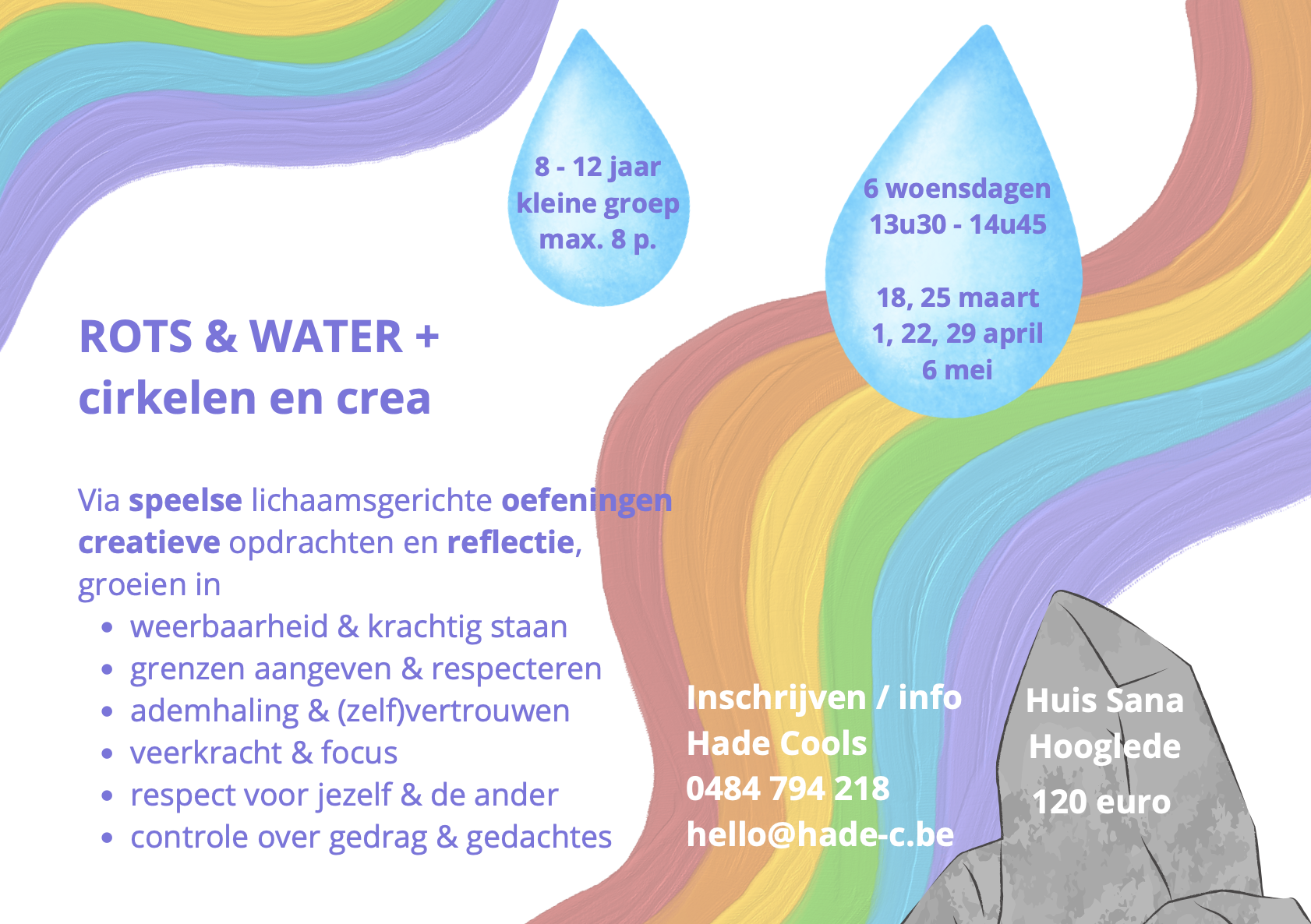 Rots & Water-training voor kinderen (8–12 jaar) in Hooglede helpt kinderen groeien in zelfvertrouwen, weerbaarheid en sociale vaardigheden. Via spel en beweging leren ze grenzen aangeven, emoties hanteren en respectvol omgaan met anderen.