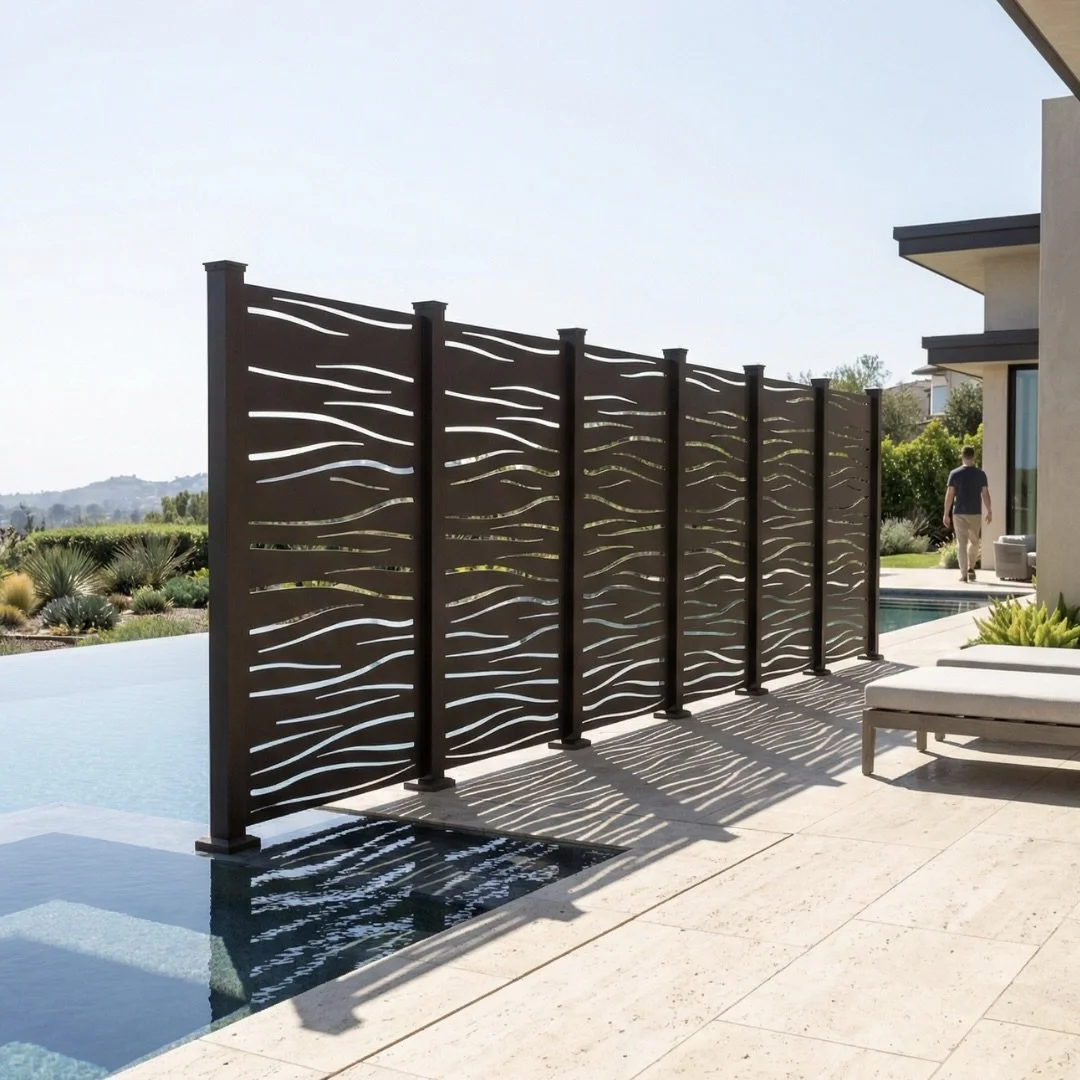 bronze-high-tide-aluminum-privacy-screen-by-pool