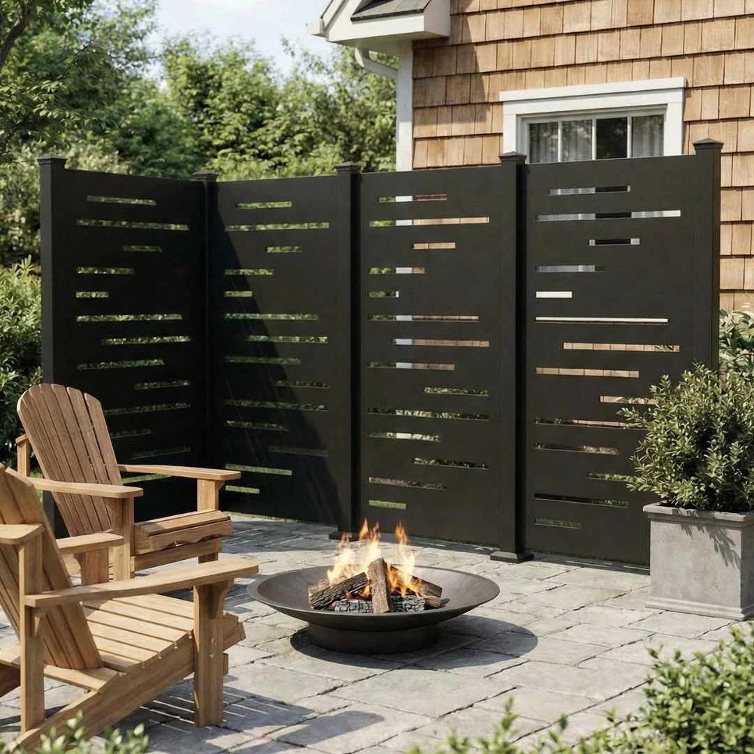 Aluminum privacy screen panels installed on a modern outdoor deck patio